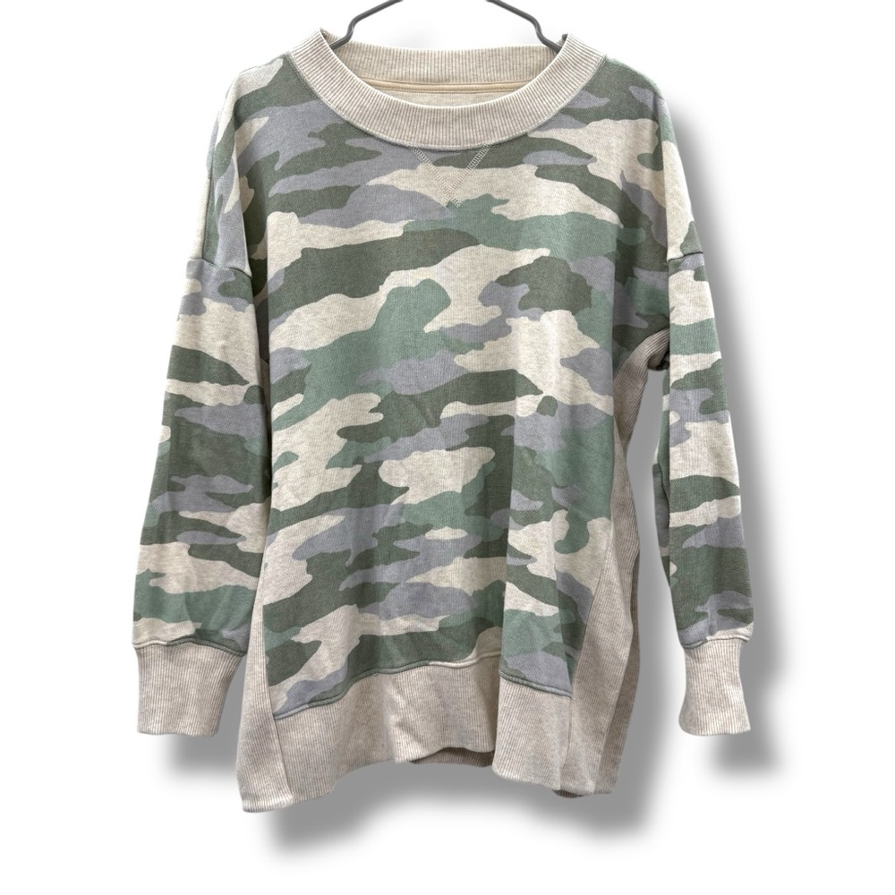 Aerie Good Vibes Oversized Gray Green Camo Print Long Sleeve Sweater Sz M